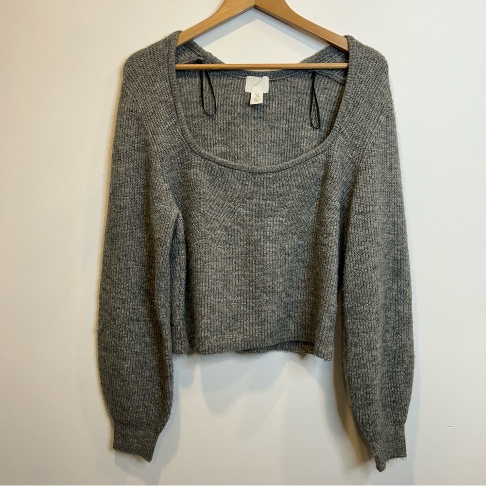 H&M CROP RIB-KNIT SWEATER SQUARE NECK GREY